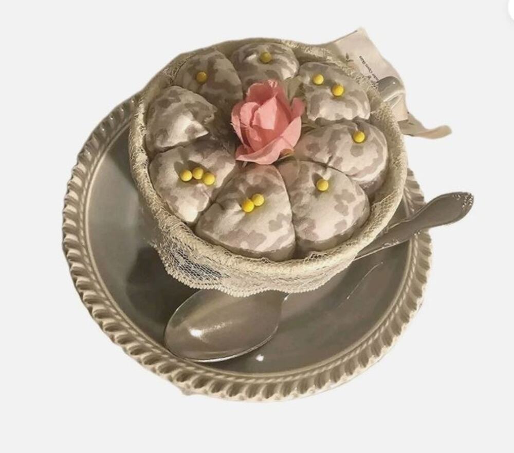 Pin Cushion Tea Cup Saucer Harkerware USA Spoon Rose Handmade Moroccan Pattern